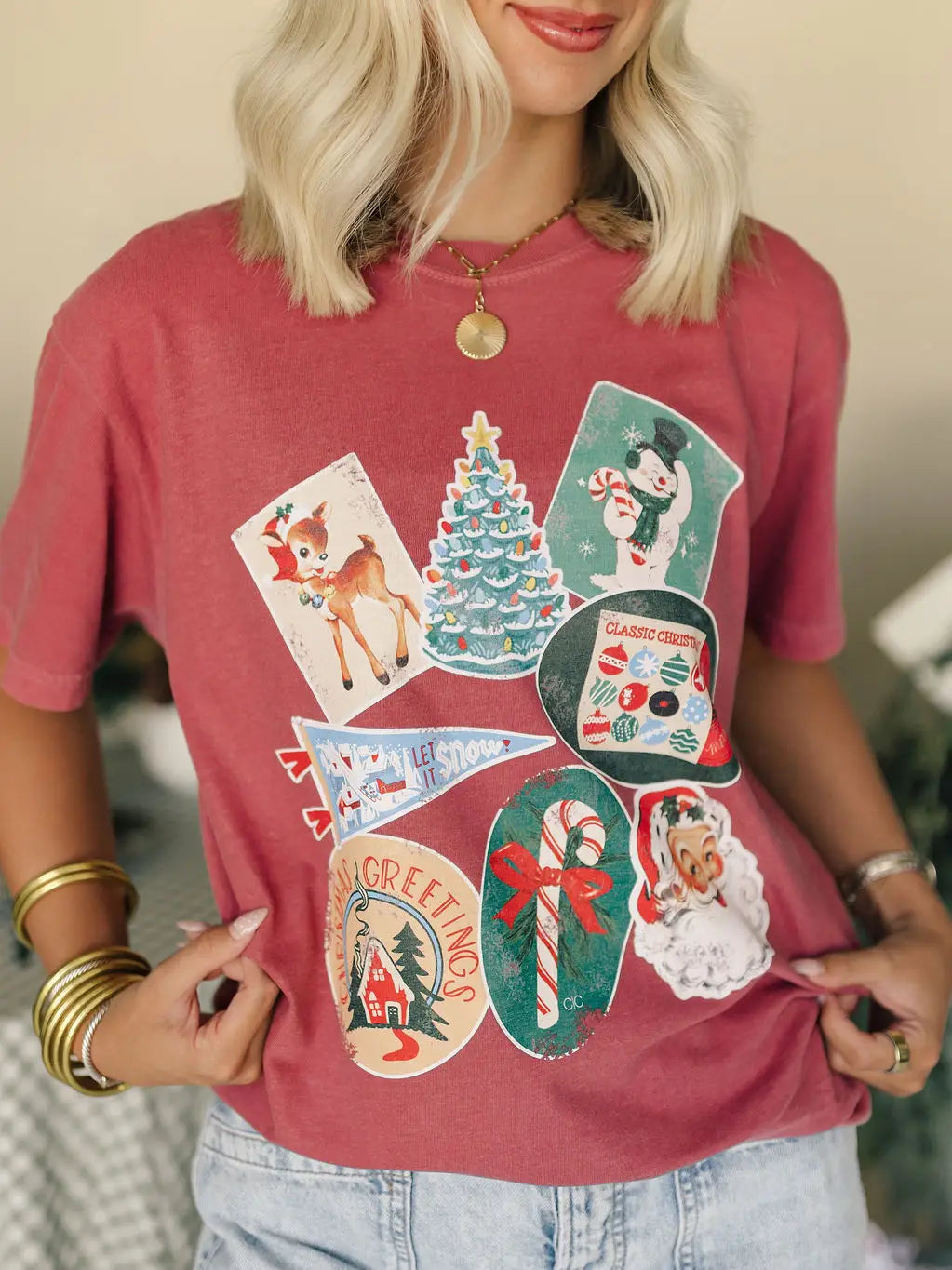 90 Vintage Christmas Stickers Graphic Tee