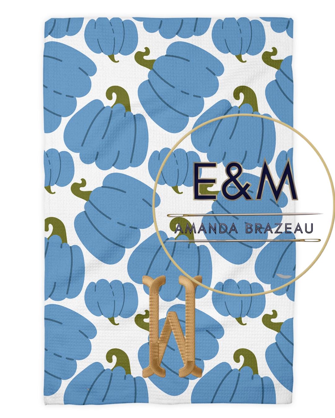 Blue Pumpkin Chinoiserie Fall Coastal Kitchen Towel Waffle